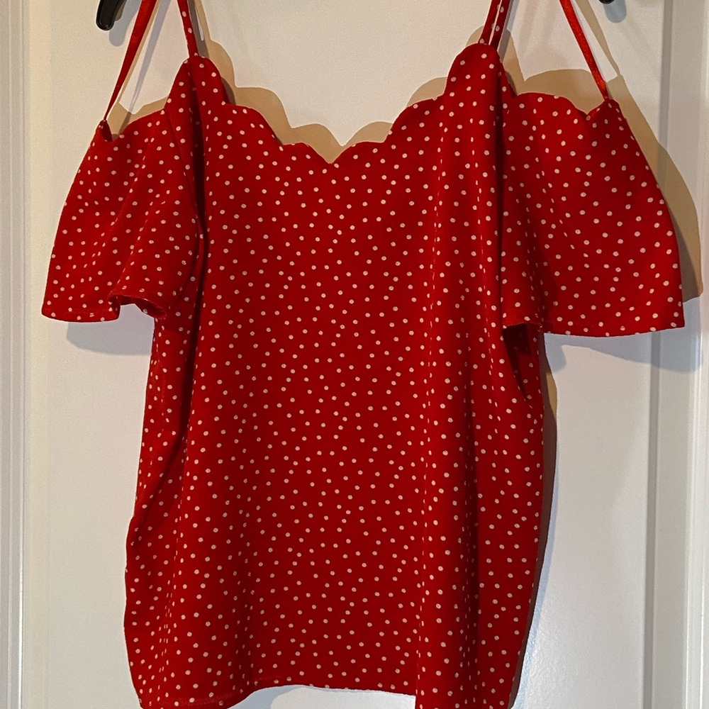 Monteau Los Angeles Red White Polka Dot Off Shoulder Scallop Top Size Small - Picture 5 of 10